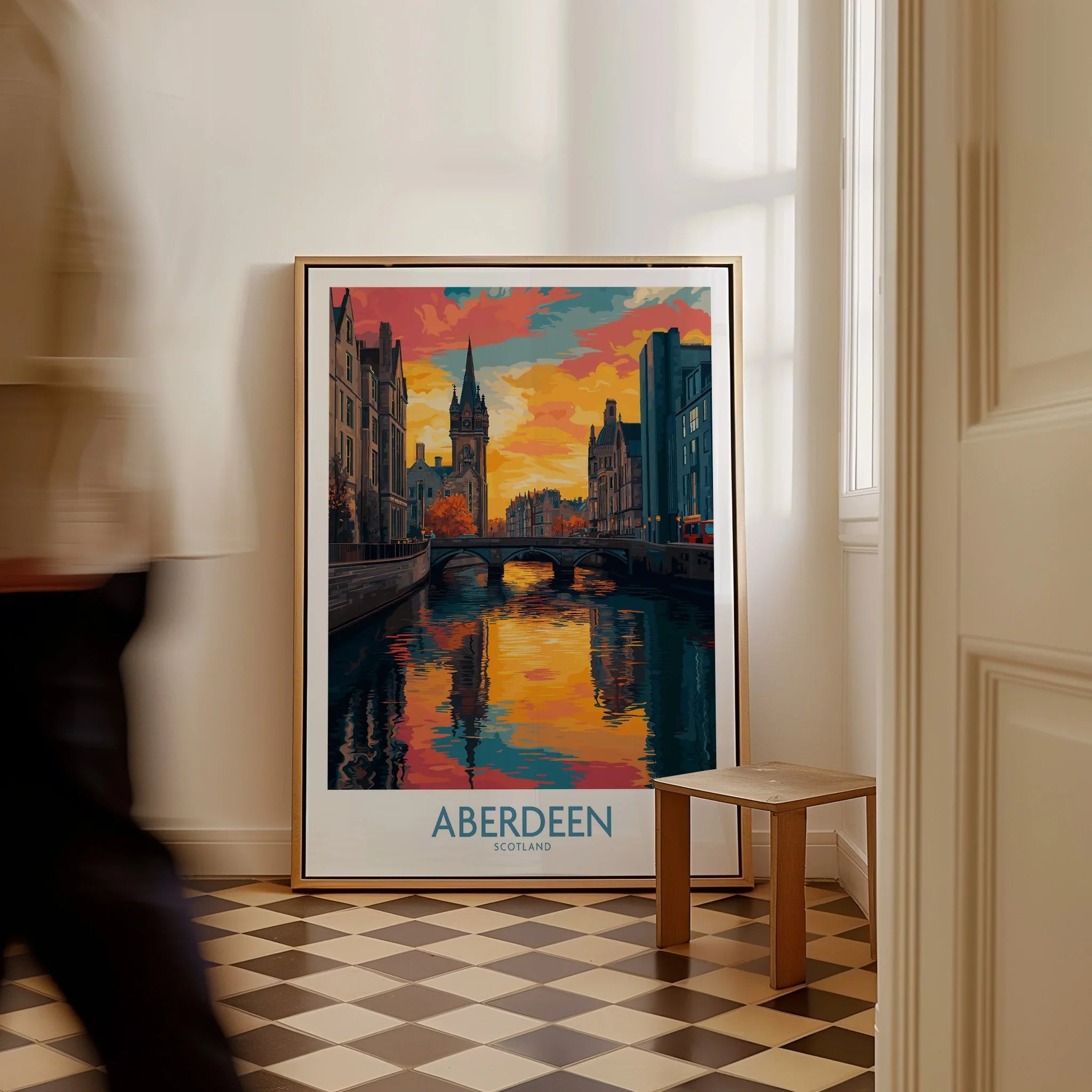 Aberdeen Scotland travel poster with vibrant sunset over river, city skyline wall art for home decor