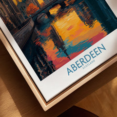 Aberdeen Scotland travel poster print with vibrant sunset river scene, perfect wall art for home decor.