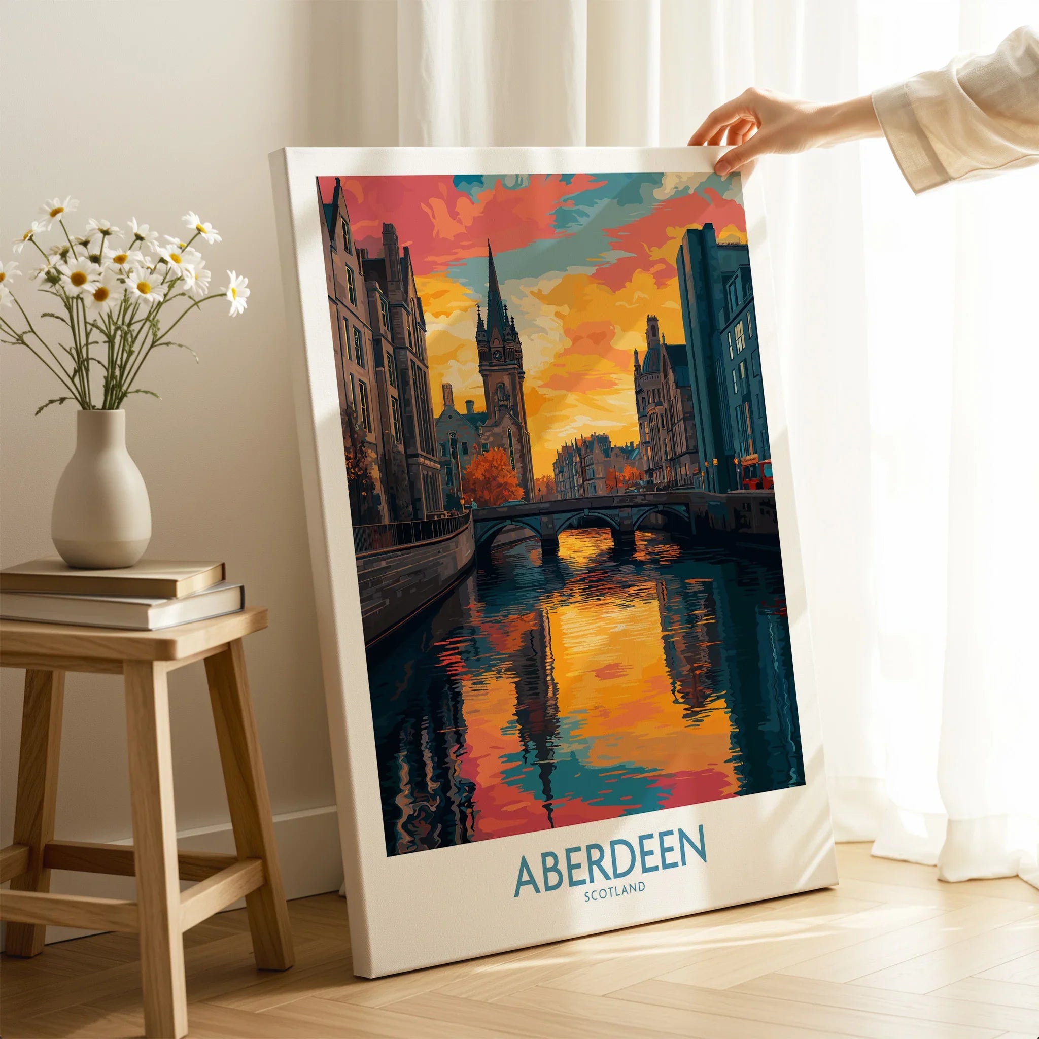 Aberdeen Scotland travel poster wall art with vibrant sunset cityscape, river reflections, and historic buildings.