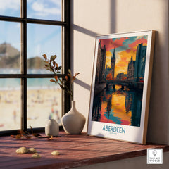 Aberdeen Scotland travel poster with sunset cityscape, canal, and bridge, perfect for wall art decor.