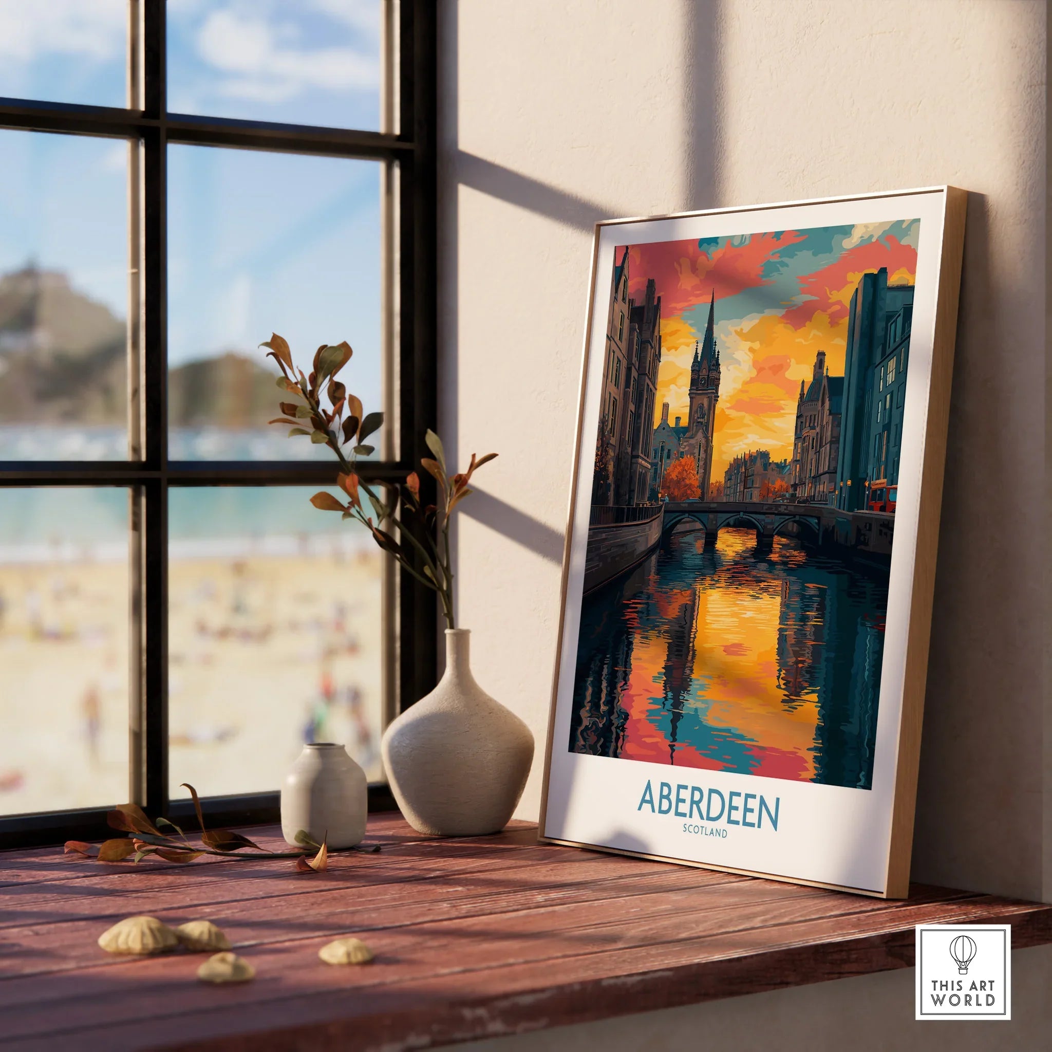 Aberdeen Scotland travel poster with sunset cityscape, canal, and bridge, perfect for wall art decor.