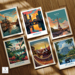 Framed travel posters of Venice, Paris, Aberdeen, Singapore, Barcelona, Sri Lanka for wall art decor