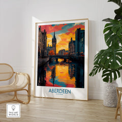 Aberdeen Scotland travel poster with vibrant sunset over river, city skyline, and bridge, perfect wall art decor.