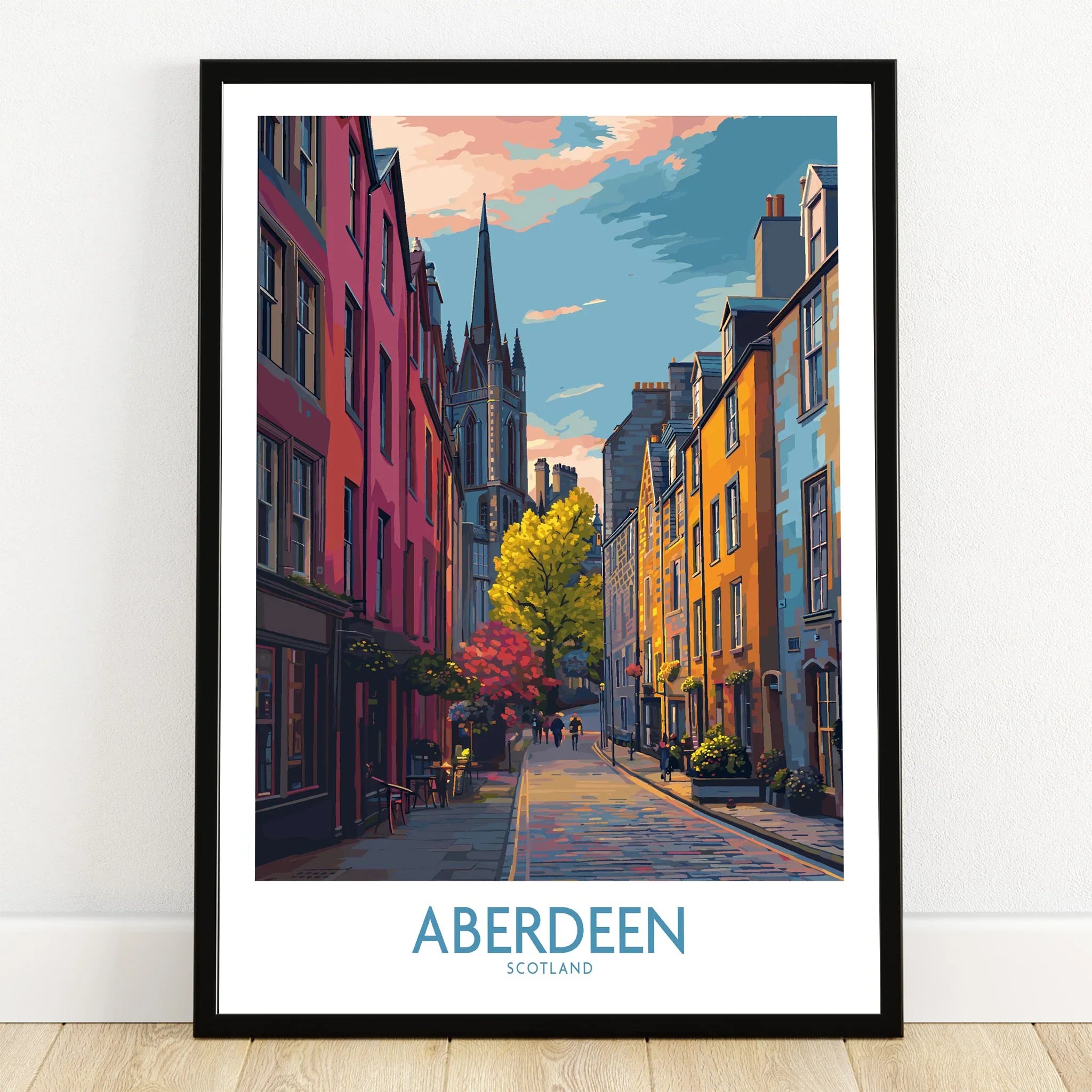 Aberdeen Scotland travel poster with colorful street art, historic buildings, and church spire for home decor