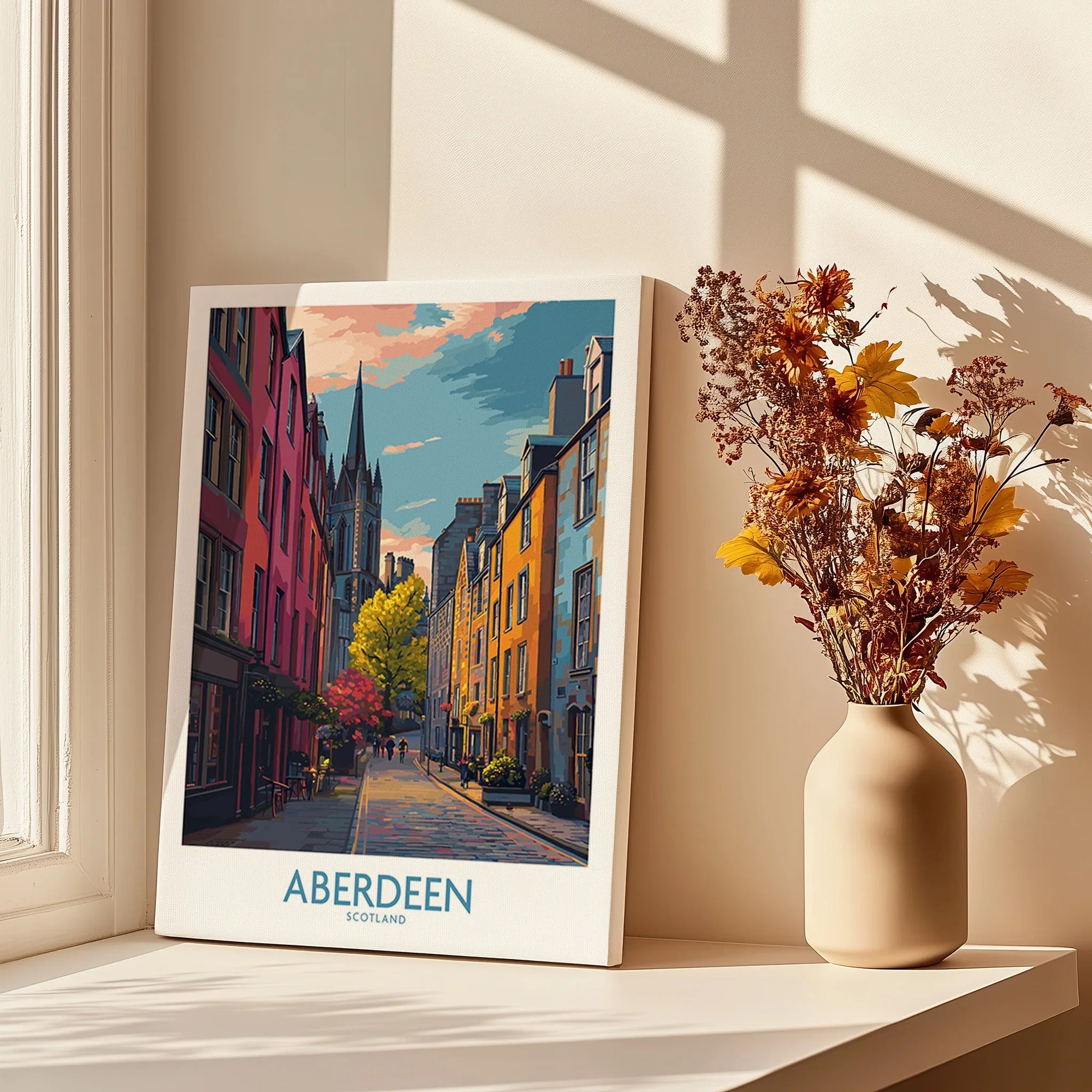 Aberdeen Scotland travel poster print with colorful street art, perfect for home wall decor