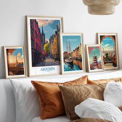 Framed travel posters of Paris, Aberdeen, Copenhagen, Tokyo, and Barcelona for home wall art decor