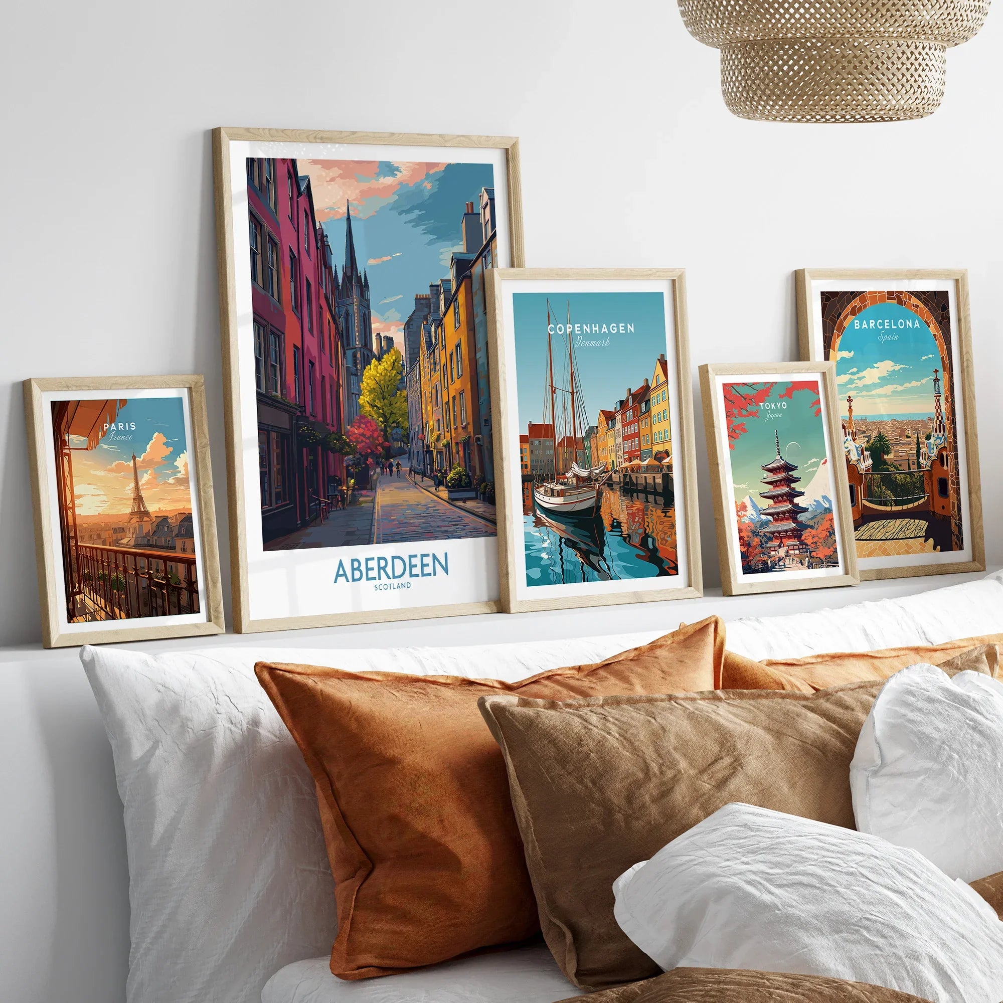 Framed travel posters of Paris, Aberdeen, Copenhagen, Tokyo, and Barcelona for home wall art decor