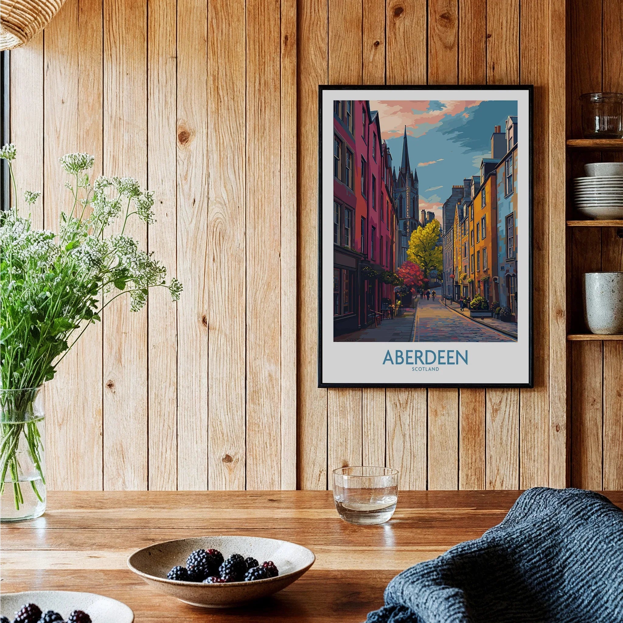 Aberdeen Scotland travel poster wall art with colorful street scene, perfect for home decor
