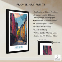 Framed Aberdeen Scotland travel poster art print with colorful city street and church spire, ready to hang