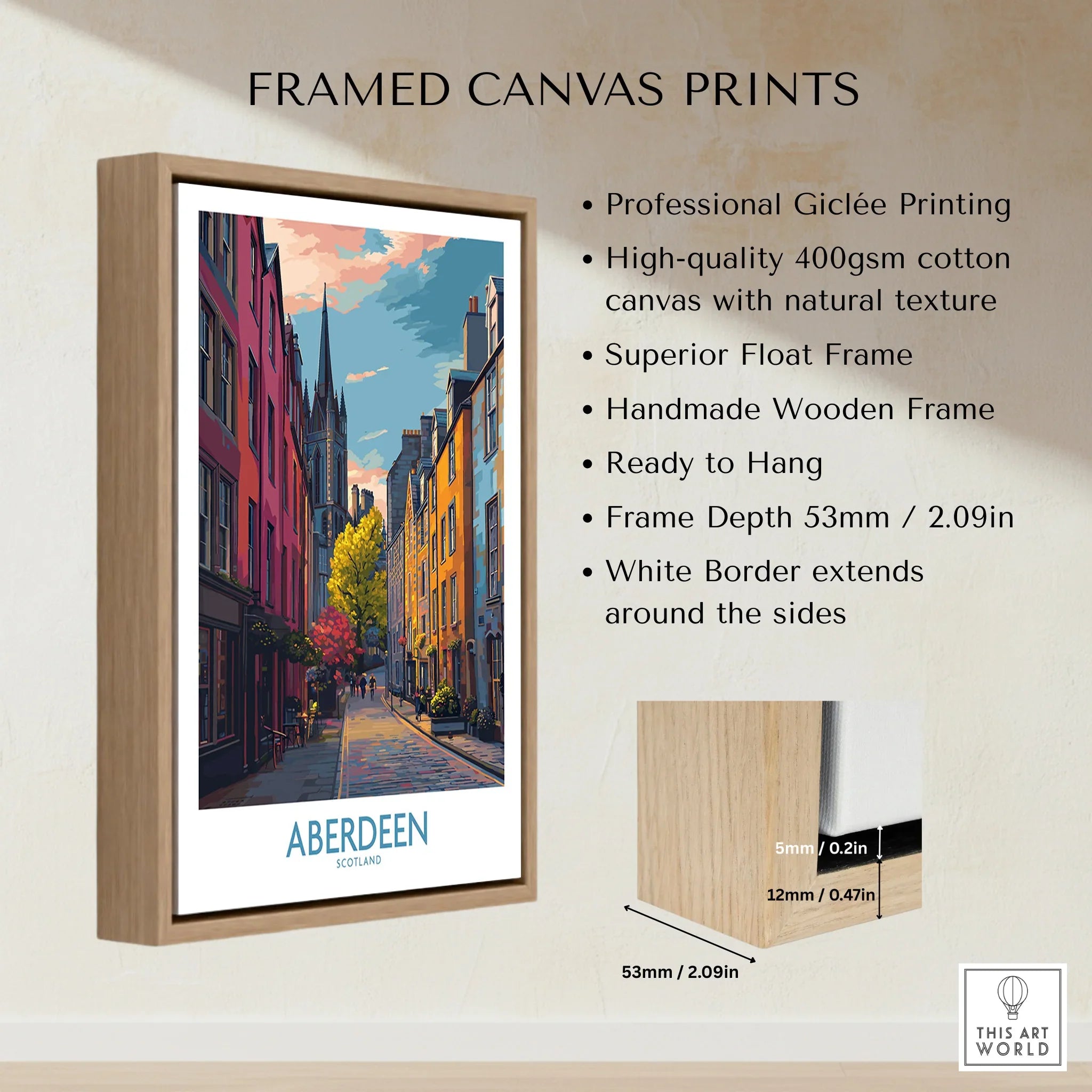Aberdeen Scotland travel poster in wooden float frame, vibrant city street art for home decor