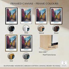 Aberdeen Scotland travel poster in six frame colors: black, white, natural, brown, gold, silver — float frame canvas art