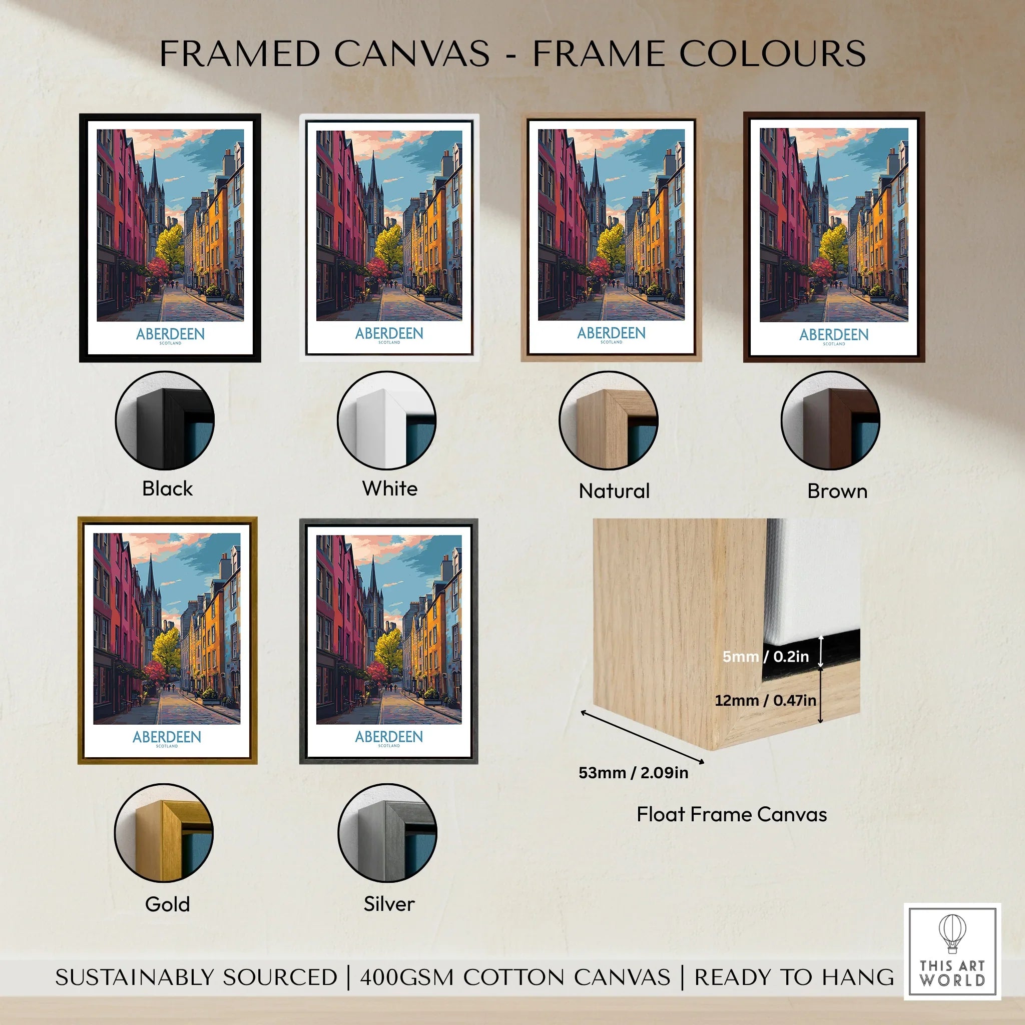 Aberdeen Scotland travel poster in six frame colors: black, white, natural, brown, gold, silver — float frame canvas art