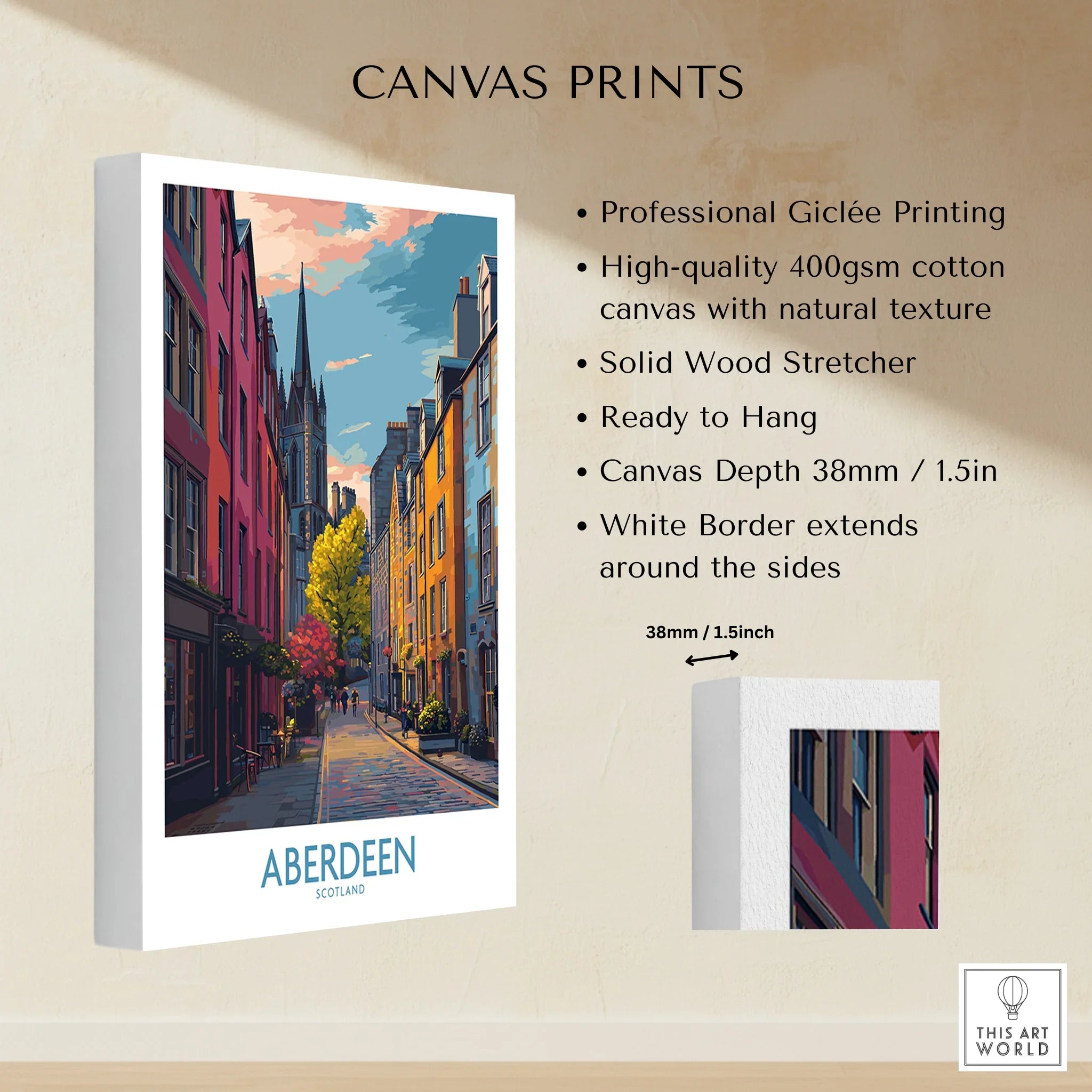 Aberdeen Scotland travel poster canvas print with colorful street art, ready to hang wall decor
