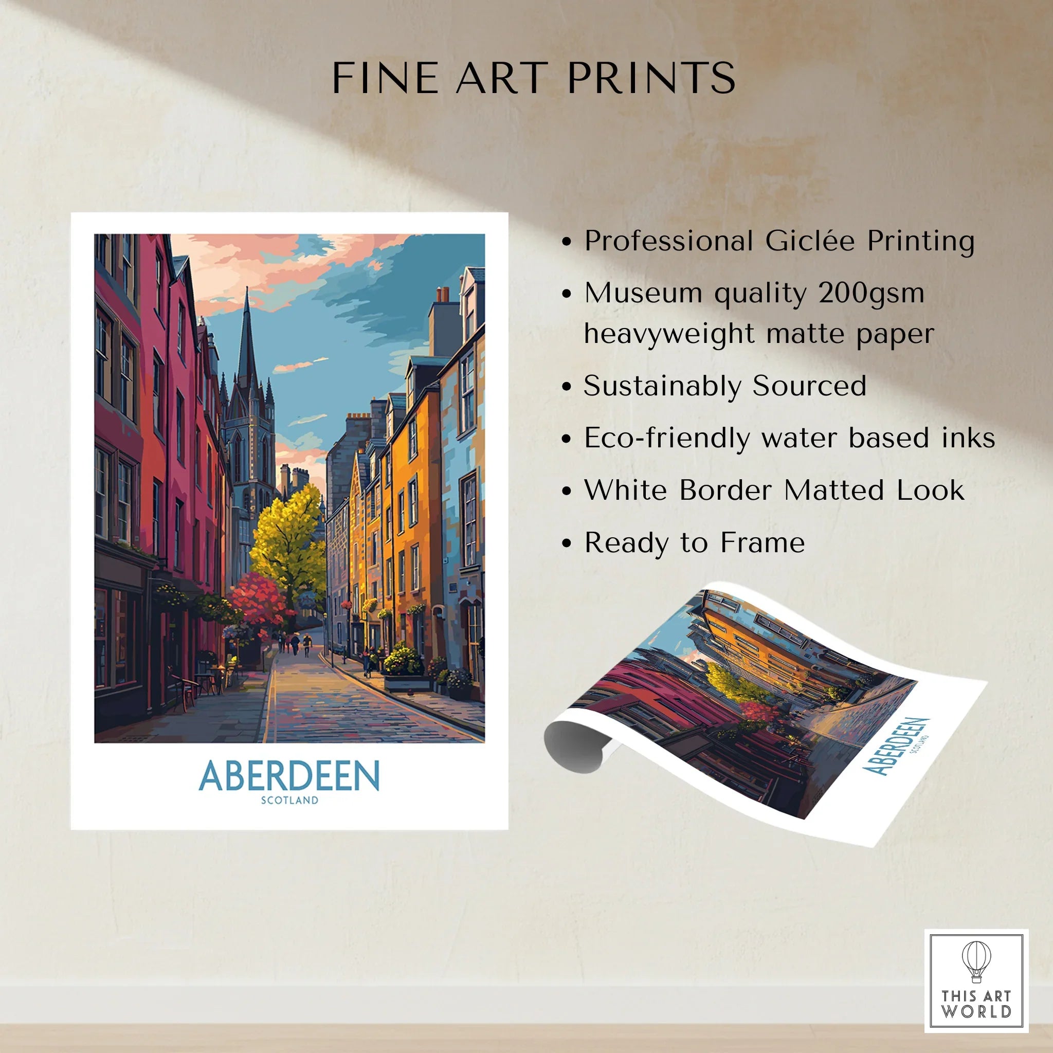 Aberdeen Scotland travel poster print with colorful street art, white border, ready to frame