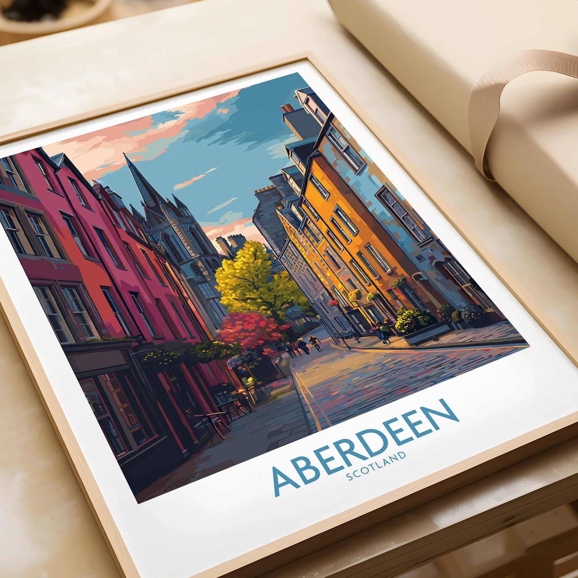 Aberdeen Scotland travel poster art print, colorful cityscape wall decor for home