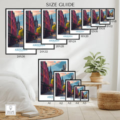 Aberdeen Scotland travel poster size guide, featuring vibrant cityscape wall art in various frame sizes for home decor.