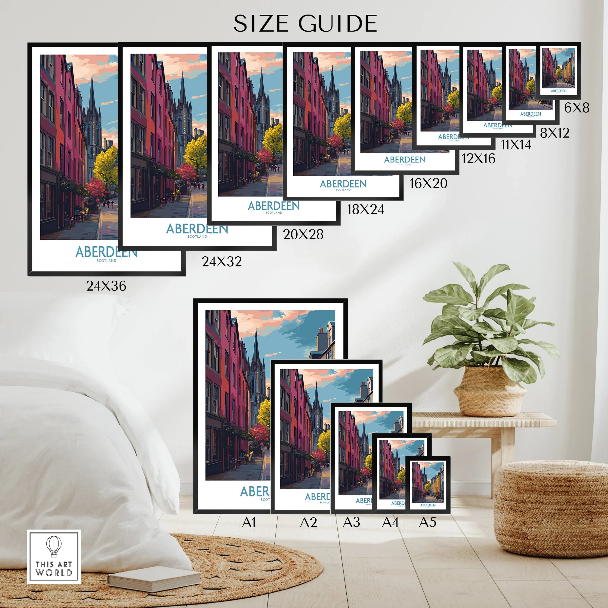 Aberdeen Scotland travel poster size guide, featuring vibrant cityscape wall art in various frame sizes for home decor.