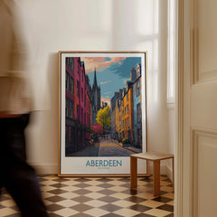 Aberdeen Scotland travel poster art print with colorful street scene, perfect for home wall decor