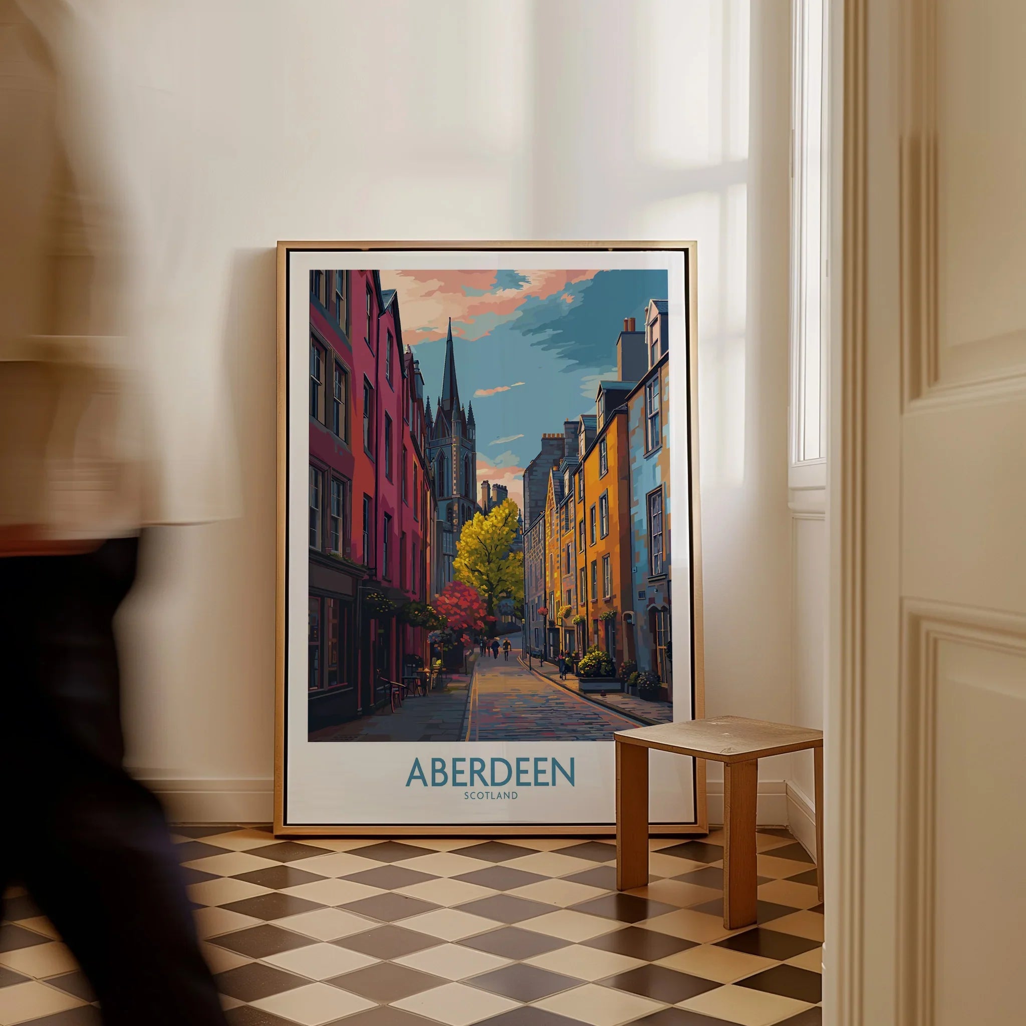 Aberdeen Scotland travel poster art print with colorful street scene, perfect for home wall decor
