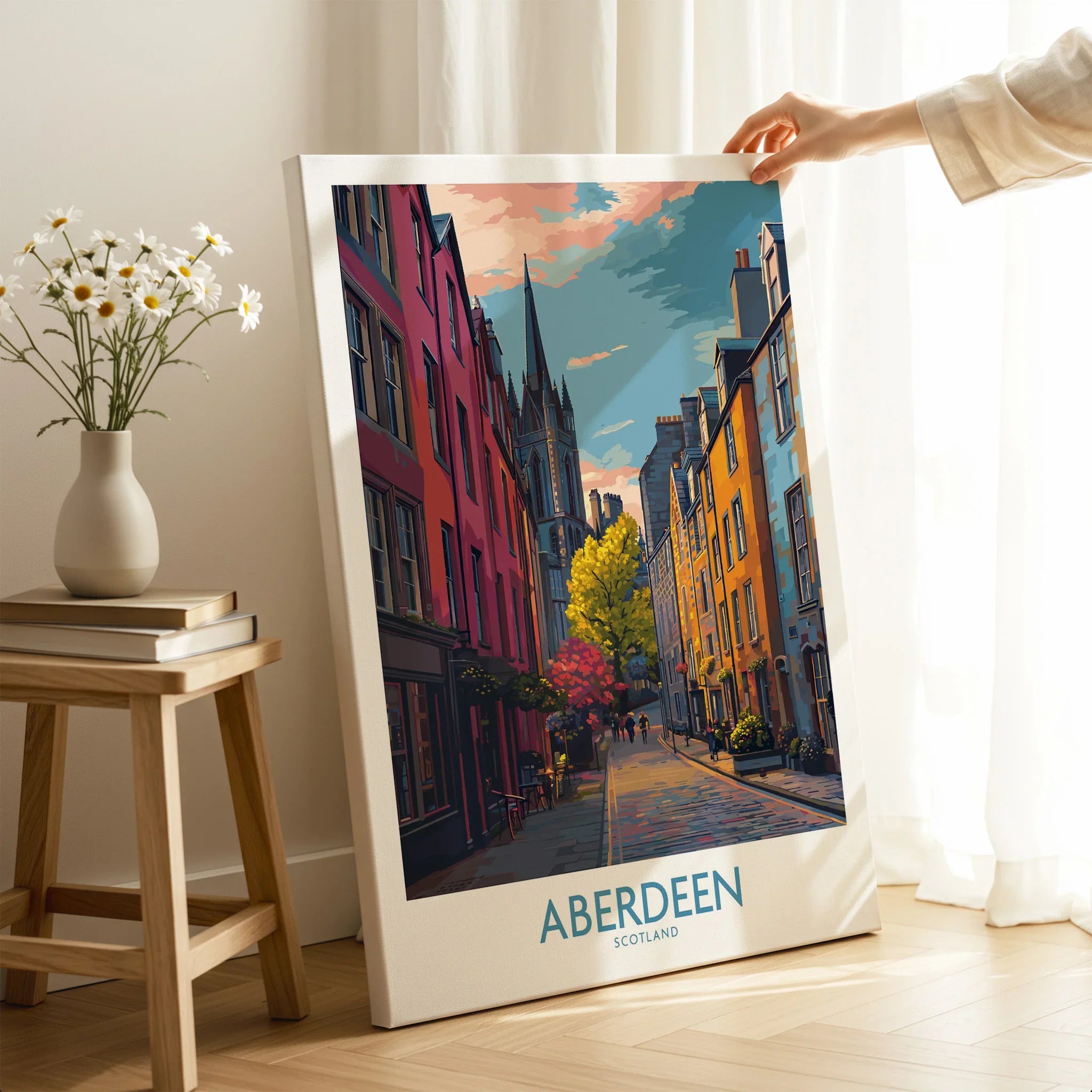 Aberdeen Scotland travel poster wall art with colorful street scene, perfect for home decor