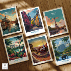 Framed travel posters of Venice, Paris, Barcelona, Singapore, Sri Lanka, and Aberdeen for wall art decor