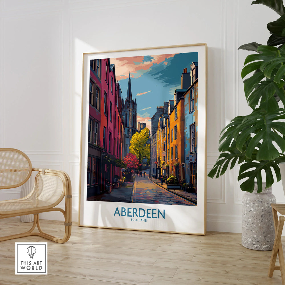 Aberdeen Scotland travel poster print with colorful street scene, perfect for home wall art decor.