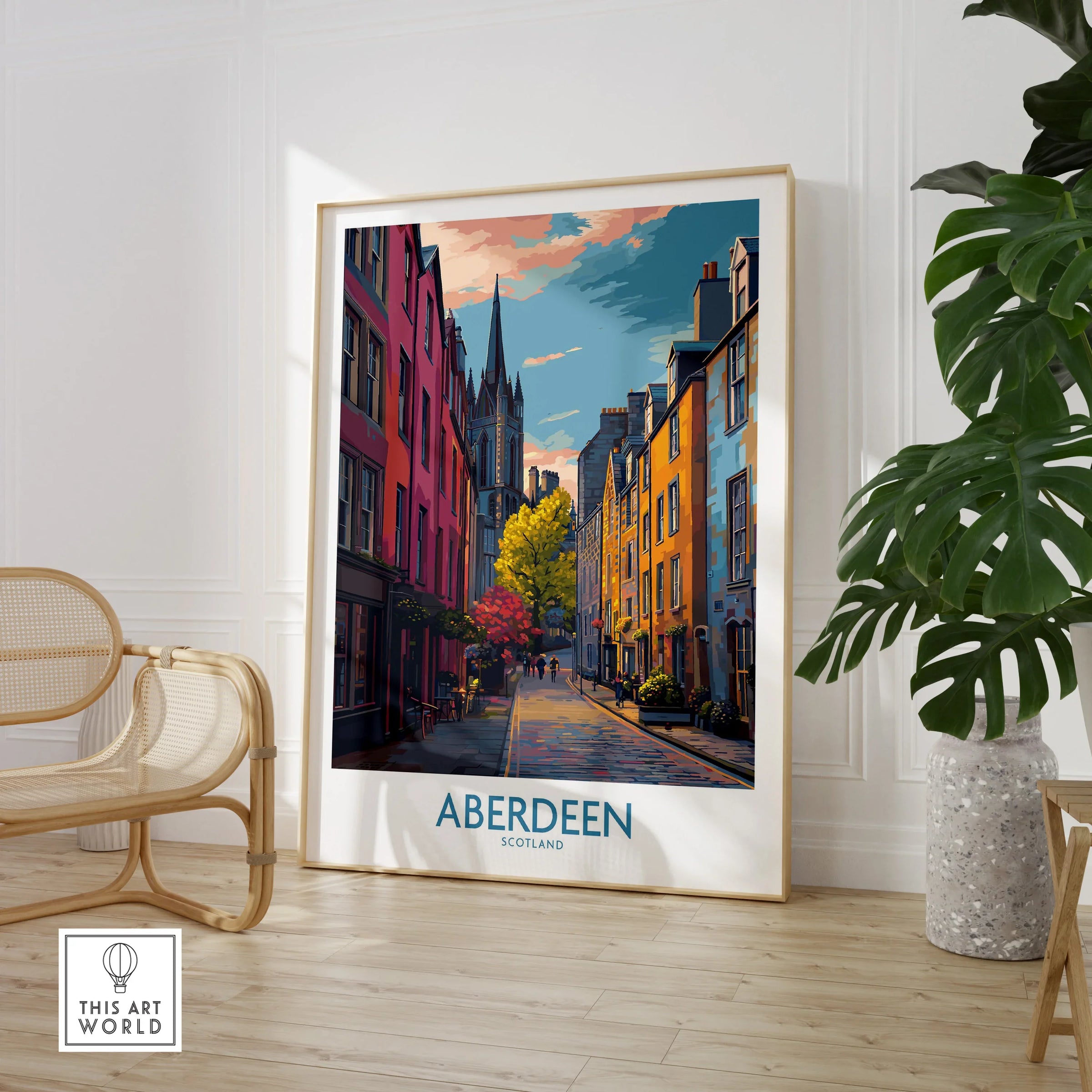 Aberdeen Scotland travel poster print with colorful street scene, perfect for home wall art decor.