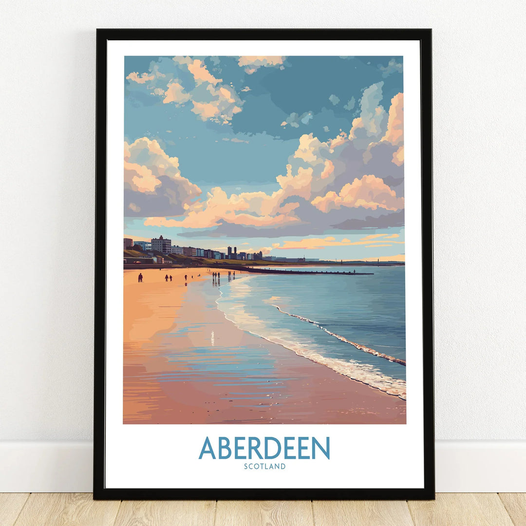 Aberdeen Scotland travel poster print with beach, city skyline, and cloudy sky, ideal wall art decor