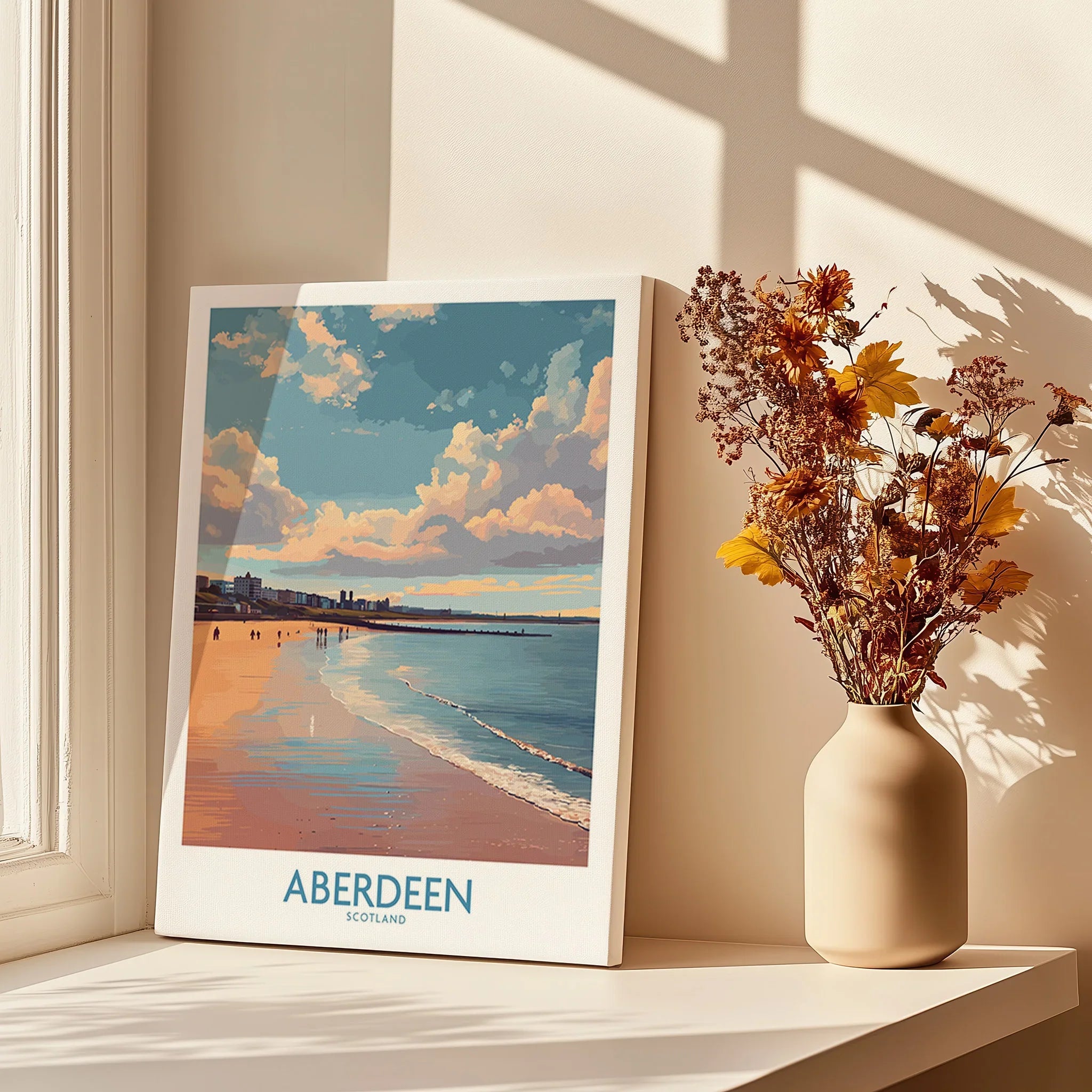 Aberdeen Scotland travel poster print with beach sunset, perfect for home wall art decor