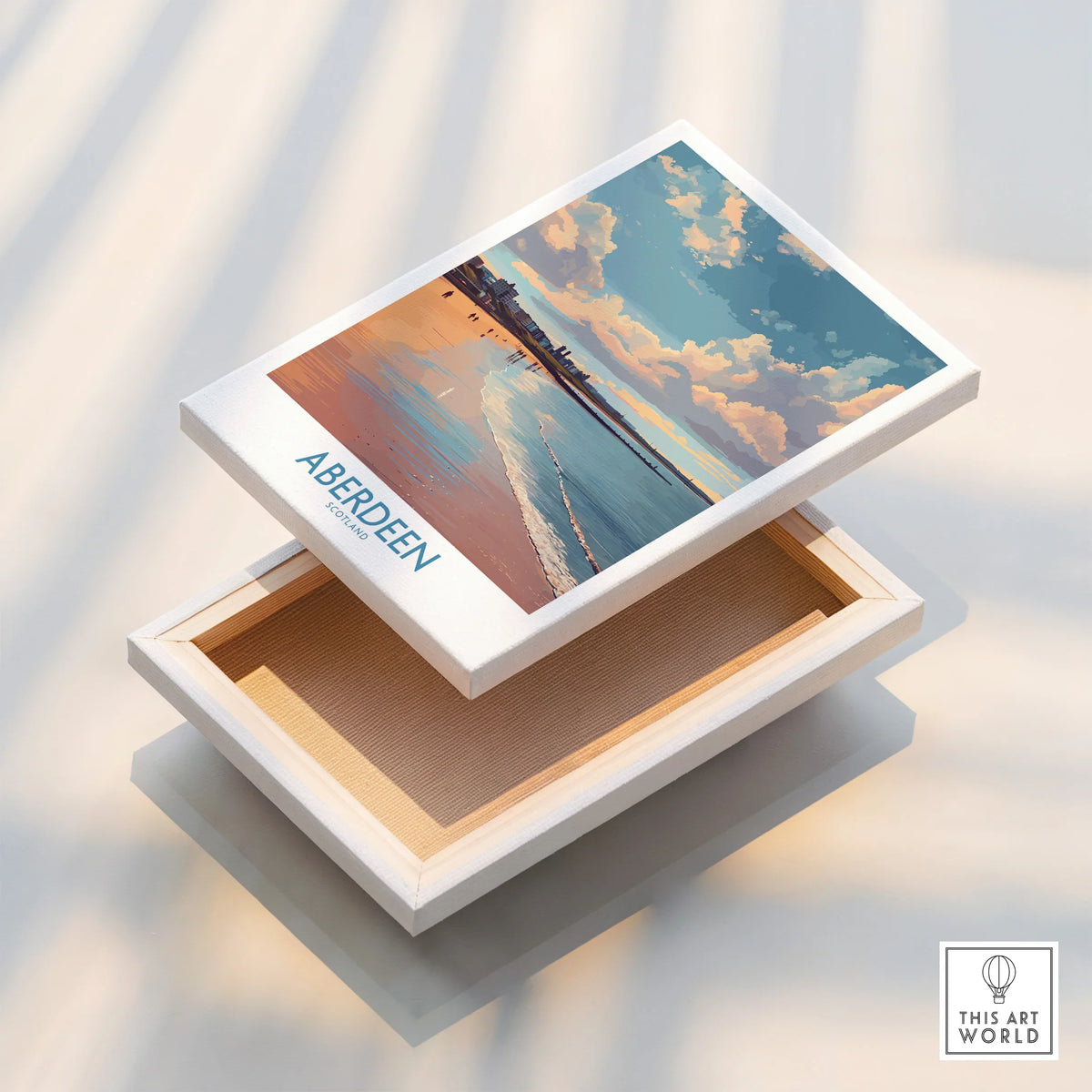 Aberdeen Scotland travel poster print on canvas, beach sunset scene for home wall art decor