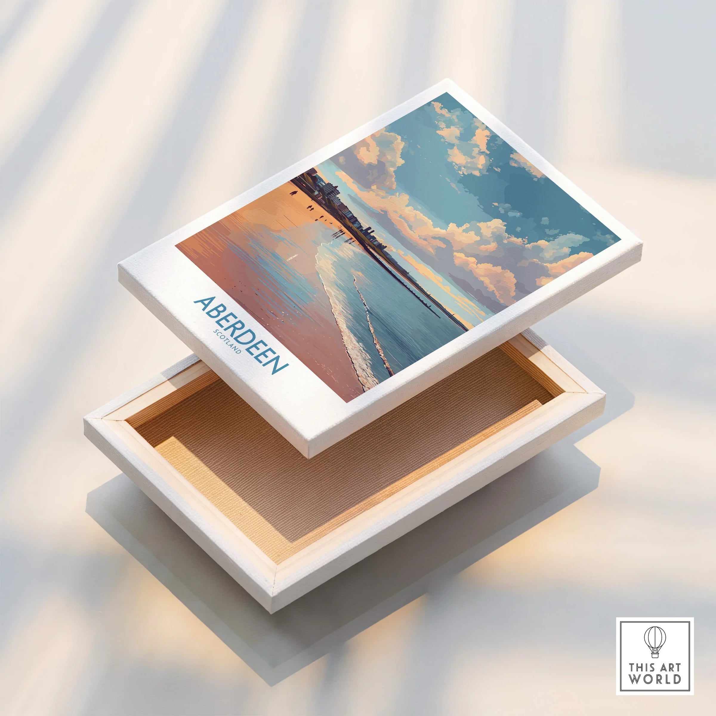 Aberdeen Scotland travel poster print on canvas, beach sunset scene for home wall art decor