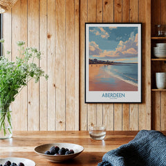 Aberdeen Scotland travel poster print with beach skyline, perfect for coastal wall art and home decor.