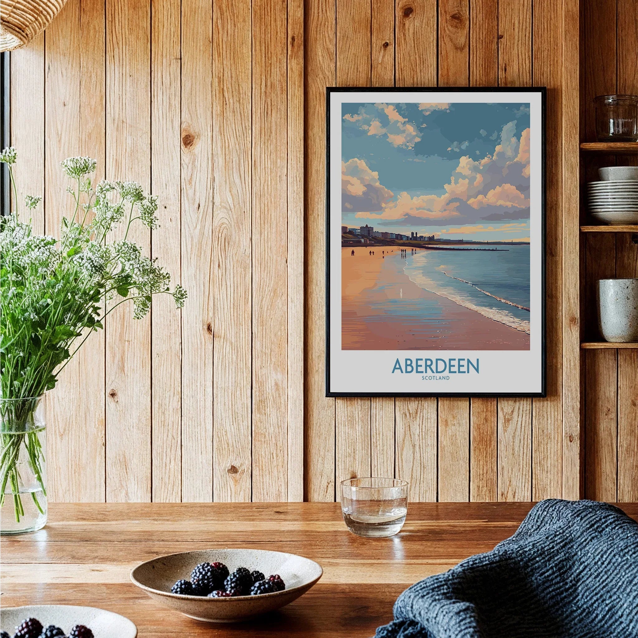 Aberdeen Scotland travel poster print with beach skyline, perfect for coastal wall art and home decor.