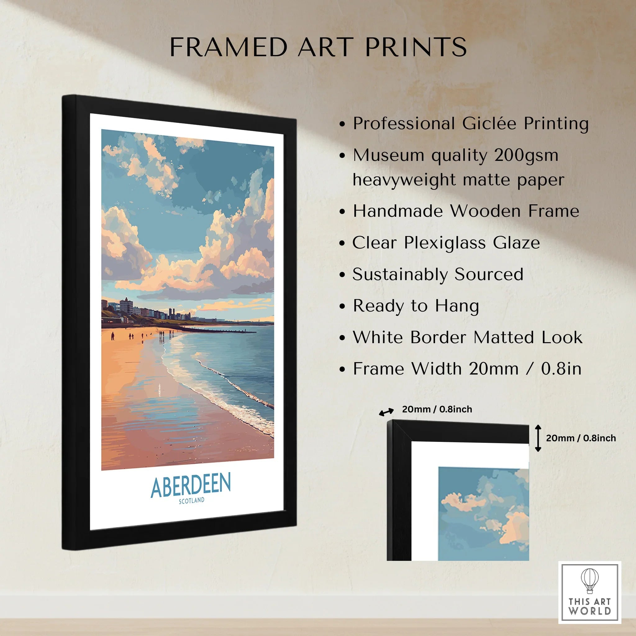 Framed Aberdeen Scotland travel poster print with beach skyline, perfect wall art for home decor.