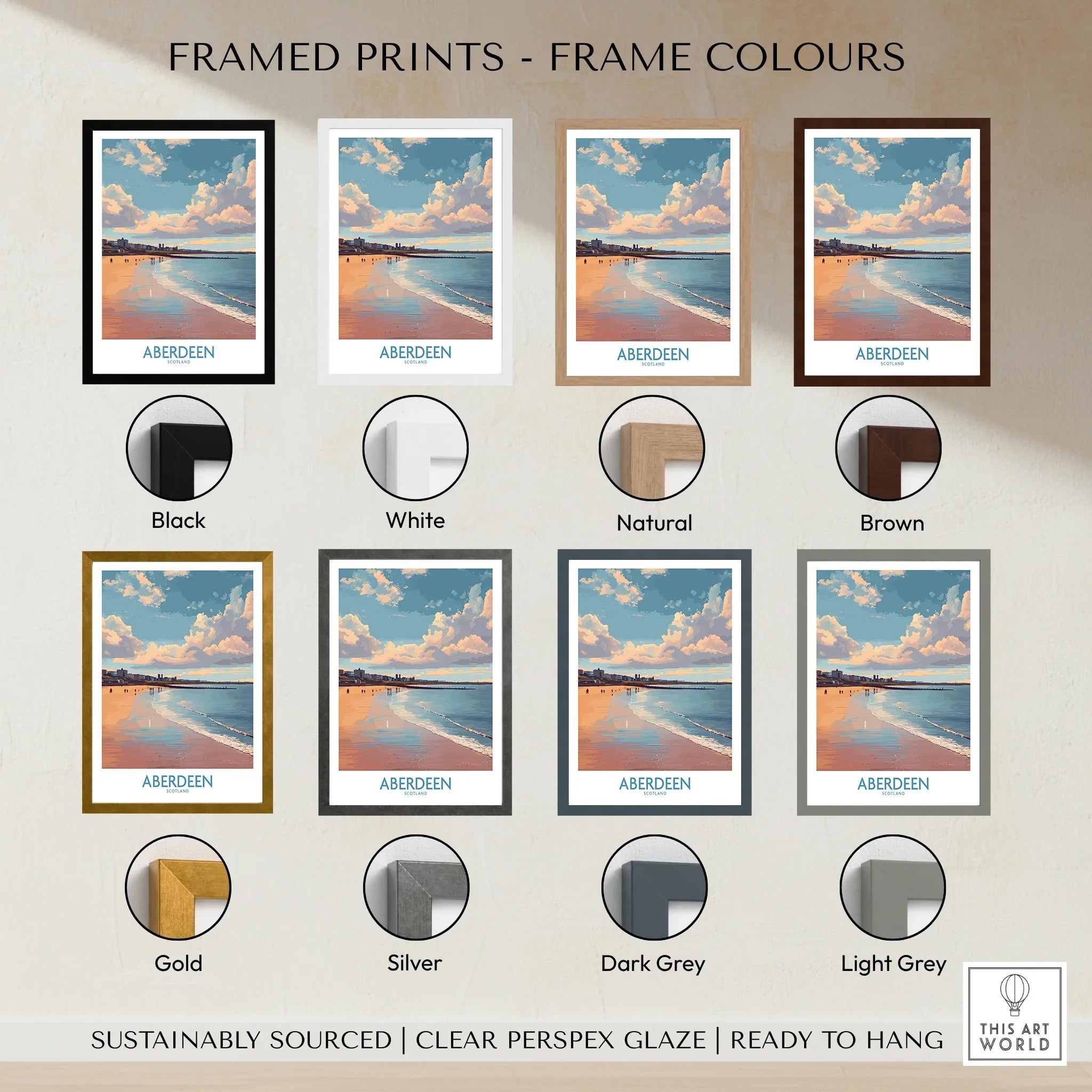 Aberdeen Scotland beach print in 8 frame colors: black, white, natural, brown, gold, silver, dark grey, light grey