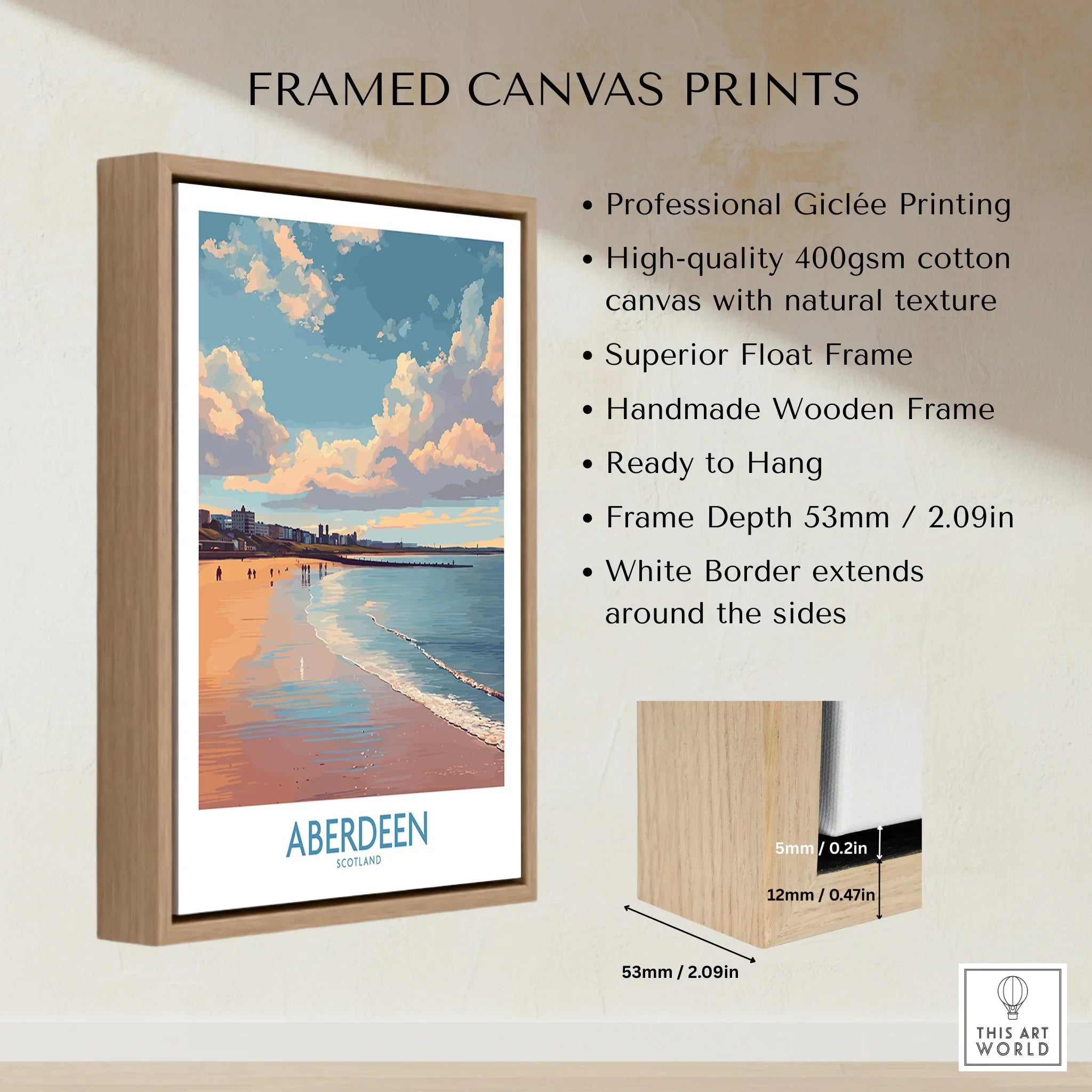 Framed Aberdeen Scotland beach travel poster print with wooden float frame, ideal wall art for home decor