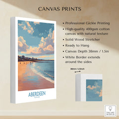 Aberdeen Scotland travel poster canvas print with beach skyline, ready to hang wall art for home decor