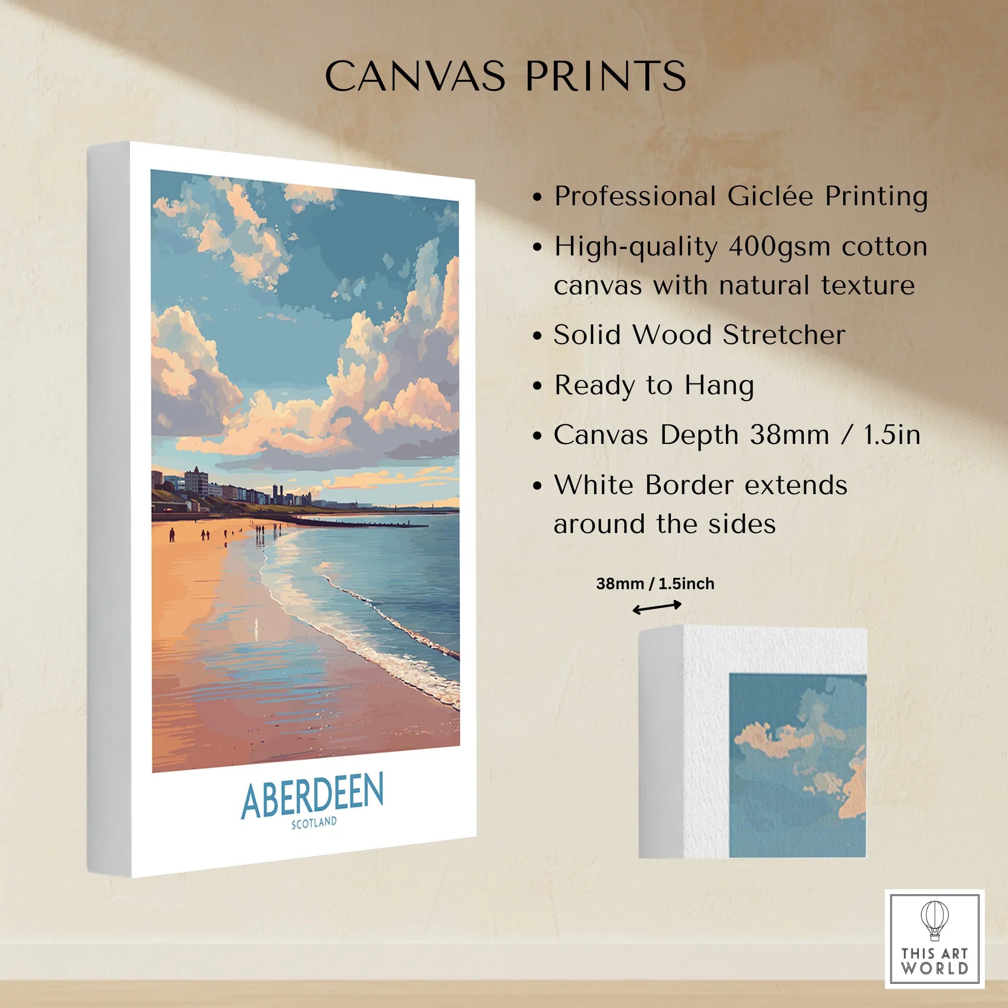 Aberdeen Scotland travel poster canvas print with beach skyline, ready to hang wall art for home decor
