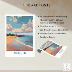Aberdeen Scotland beach travel poster print with sunset sky, ready to frame wall art