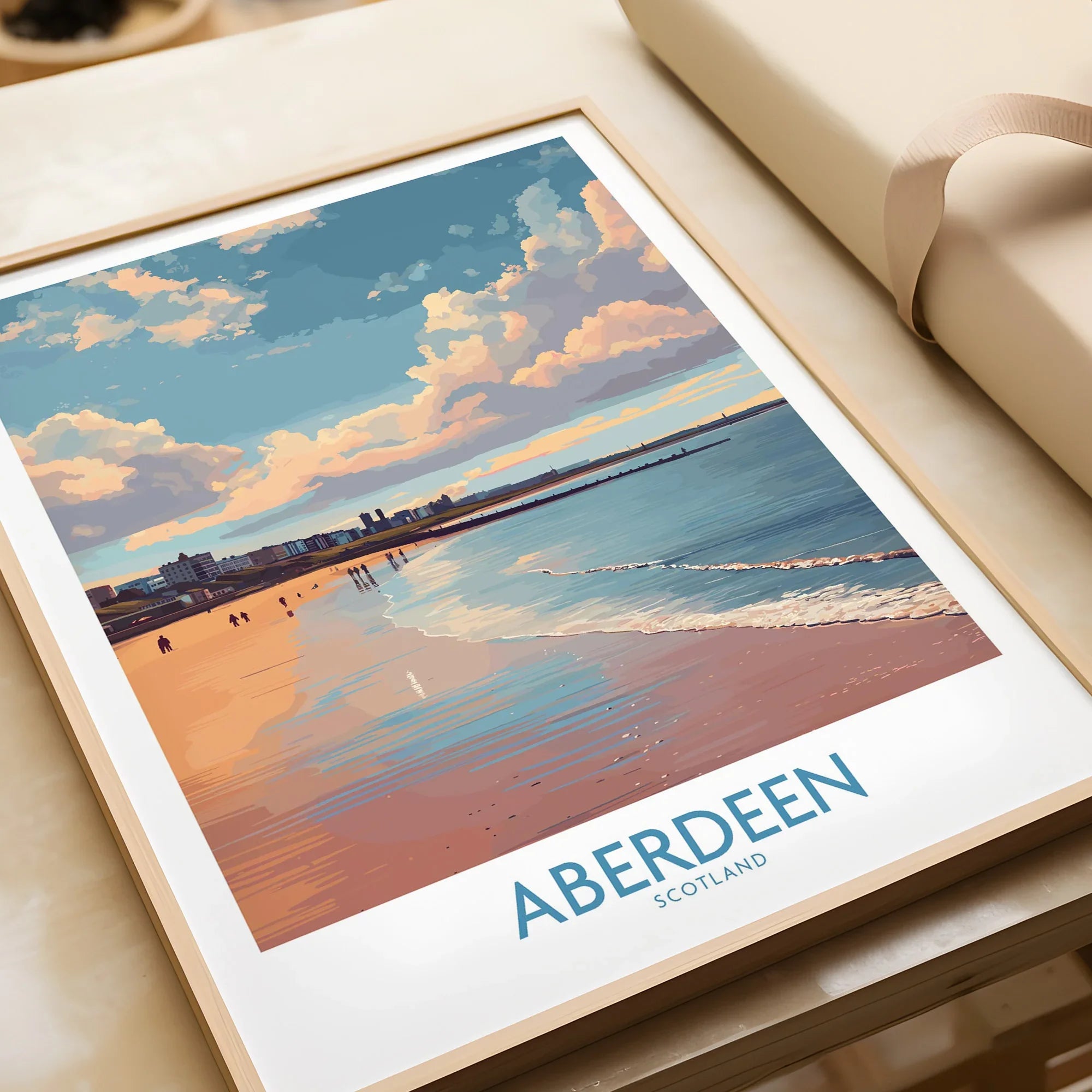 Aberdeen Scotland travel poster print with beach, city skyline, and sunset clouds, framed wall art