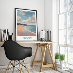Aberdeen Scotland travel poster print with beach and skyline, perfect for home wall art decor