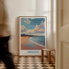 Aberdeen Scotland travel poster print with beach and skyline, perfect for wall art decor