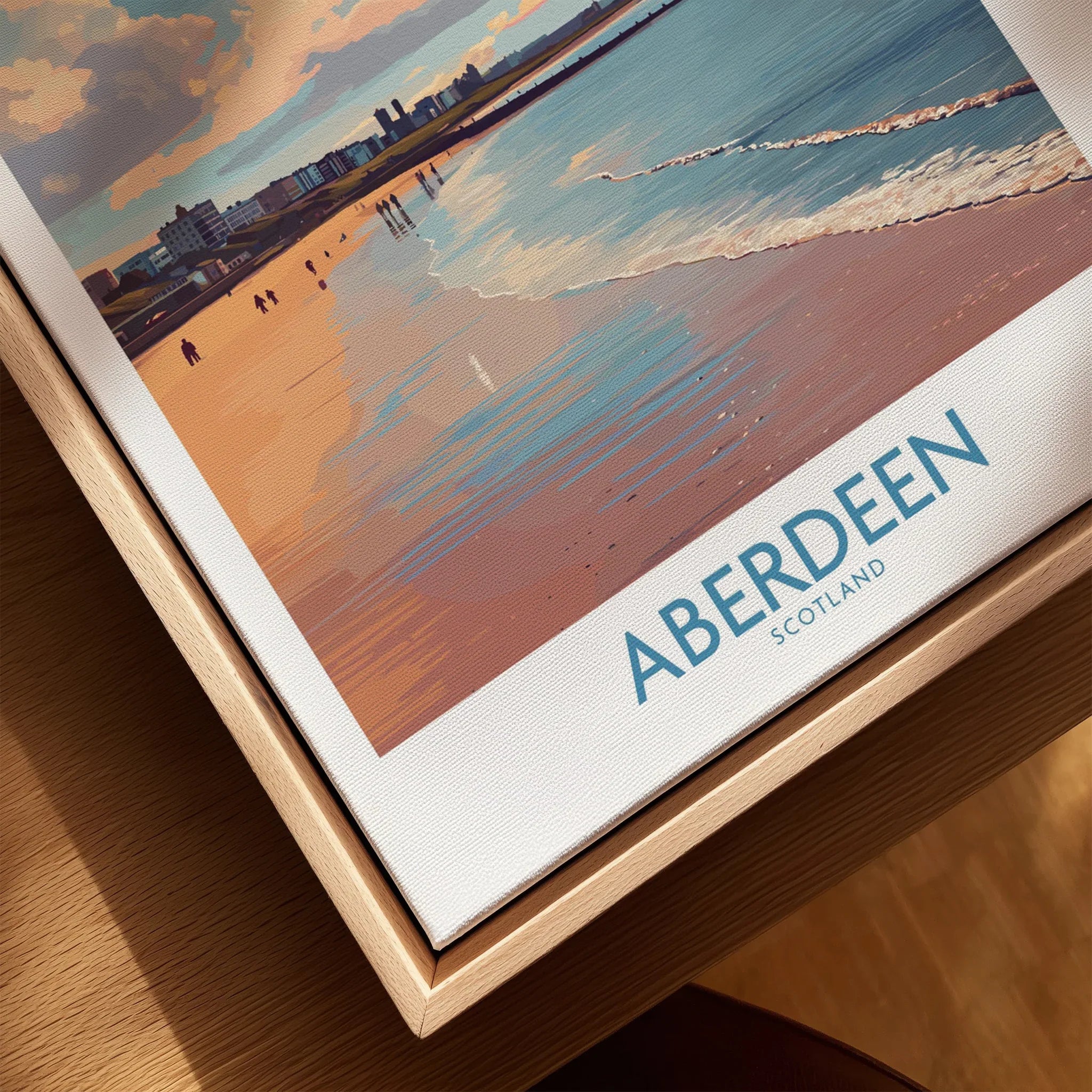 Aberdeen Scotland travel poster print featuring beach, city skyline, and ocean waves, perfect wall art decor.
