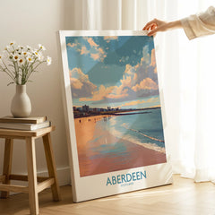 Aberdeen Scotland travel poster print with beach sunset, perfect for coastal wall art and home decor.