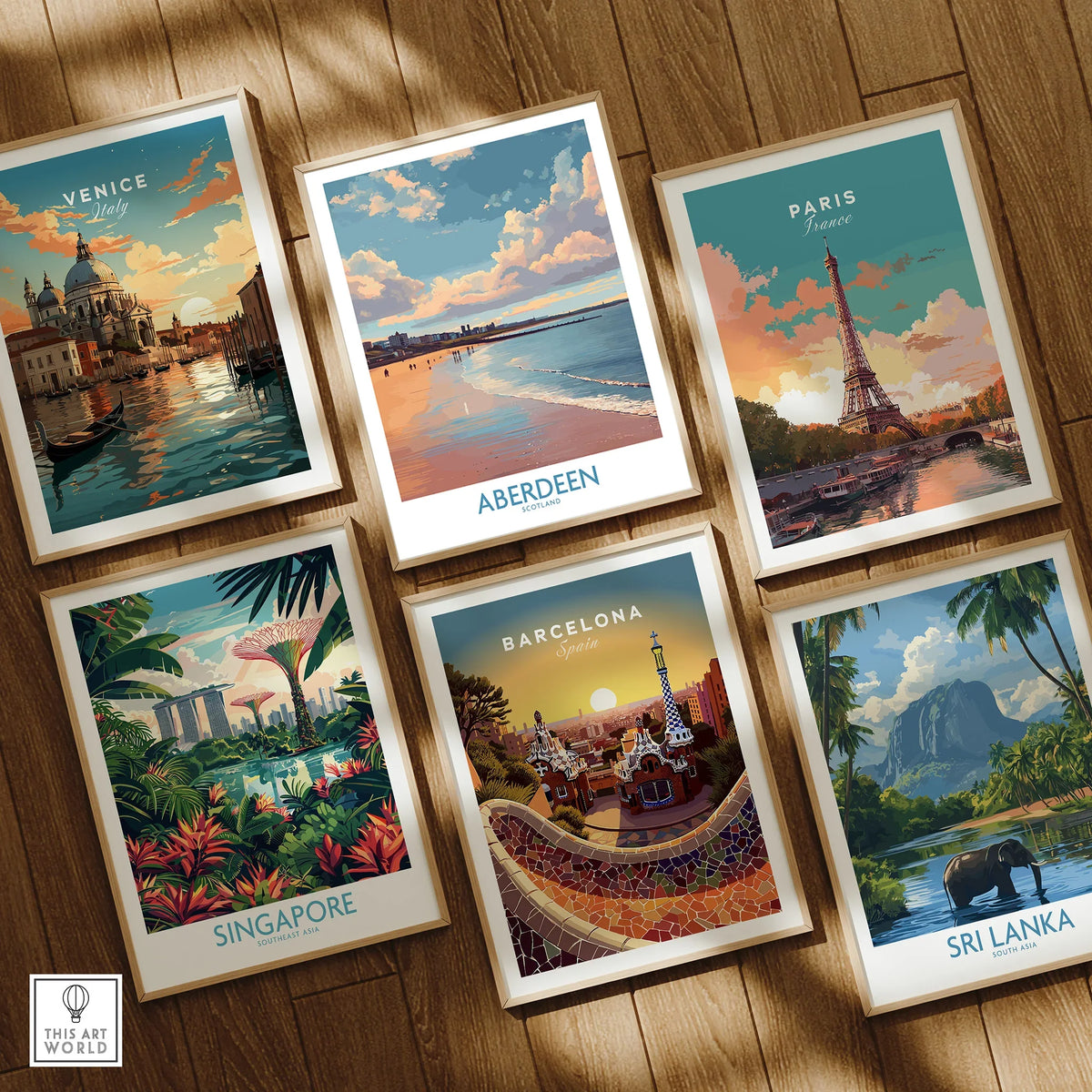 Framed travel posters of Venice, Paris, Singapore, Barcelona, Aberdeen, and Sri Lanka for wall art decor