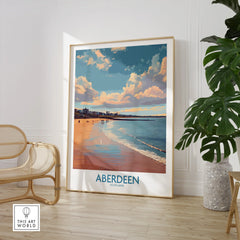 Aberdeen Scotland travel poster print with beach sunset, city skyline, and coastal art for home decor