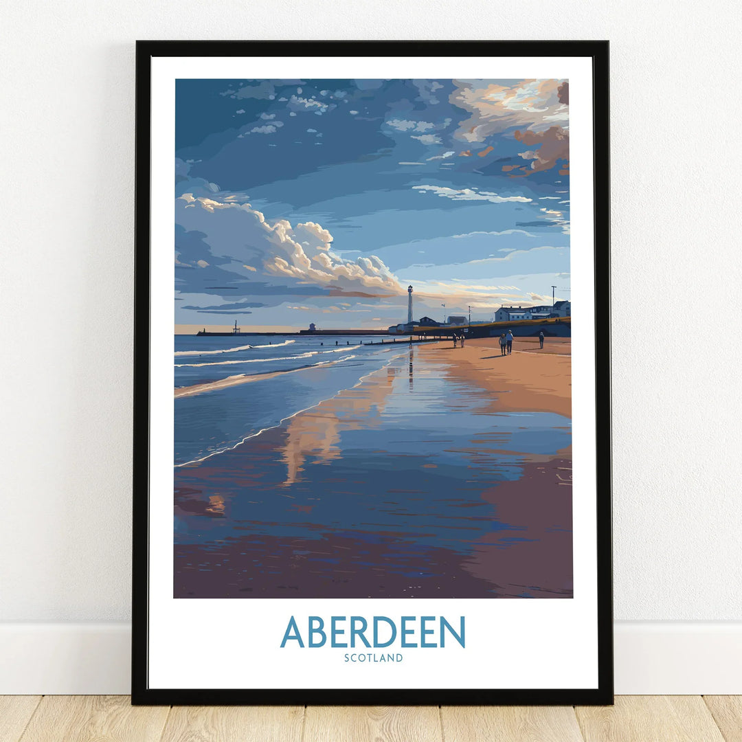 Aberdeen Scotland travel poster print featuring beach, lighthouse, and coastal skyline art for home decor