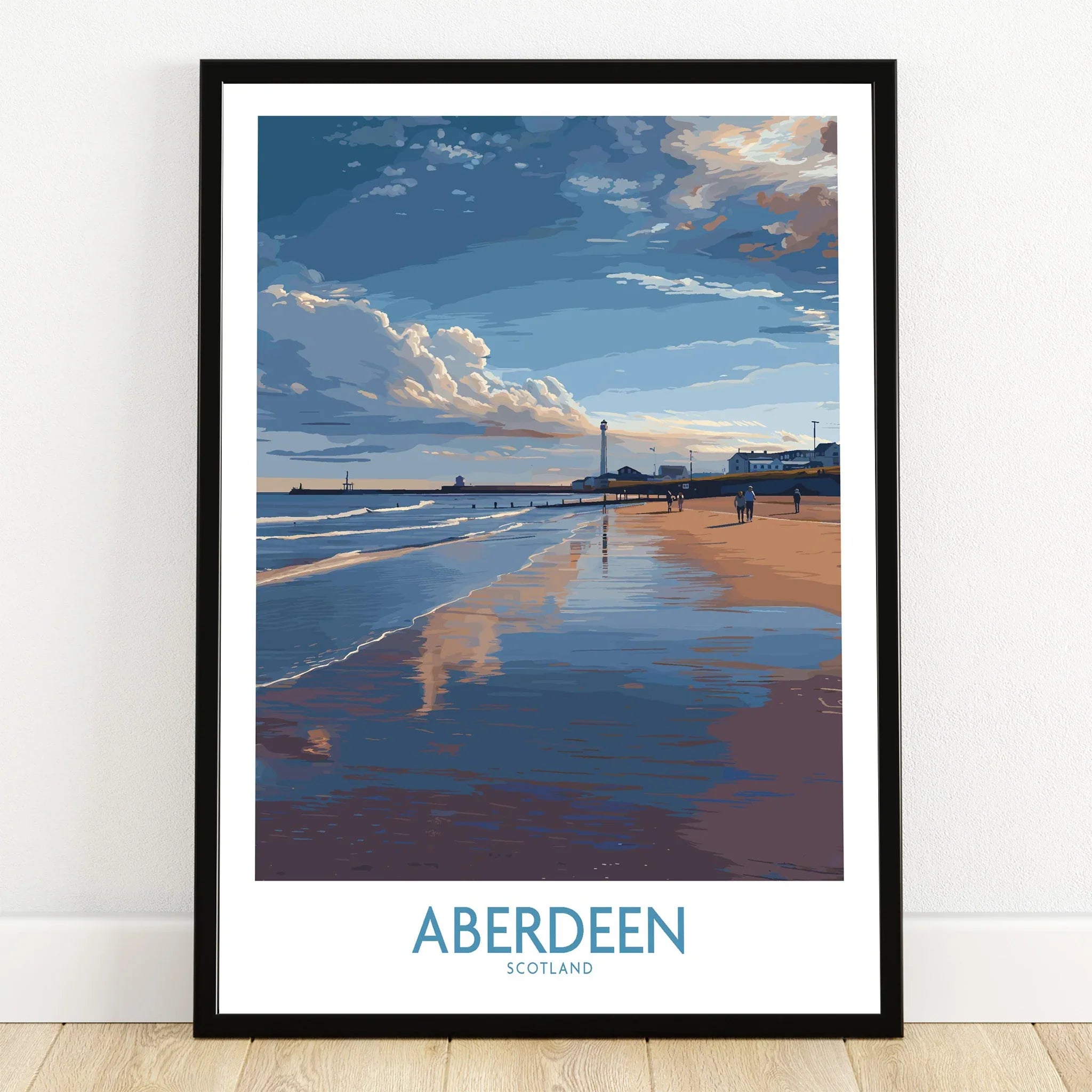 Aberdeen Scotland travel poster print featuring beach, lighthouse, and coastal skyline art for home decor
