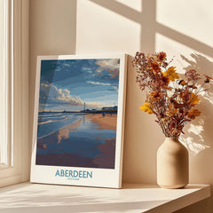 Aberdeen Scotland travel poster print with beach and lighthouse, perfect wall art for home decor
