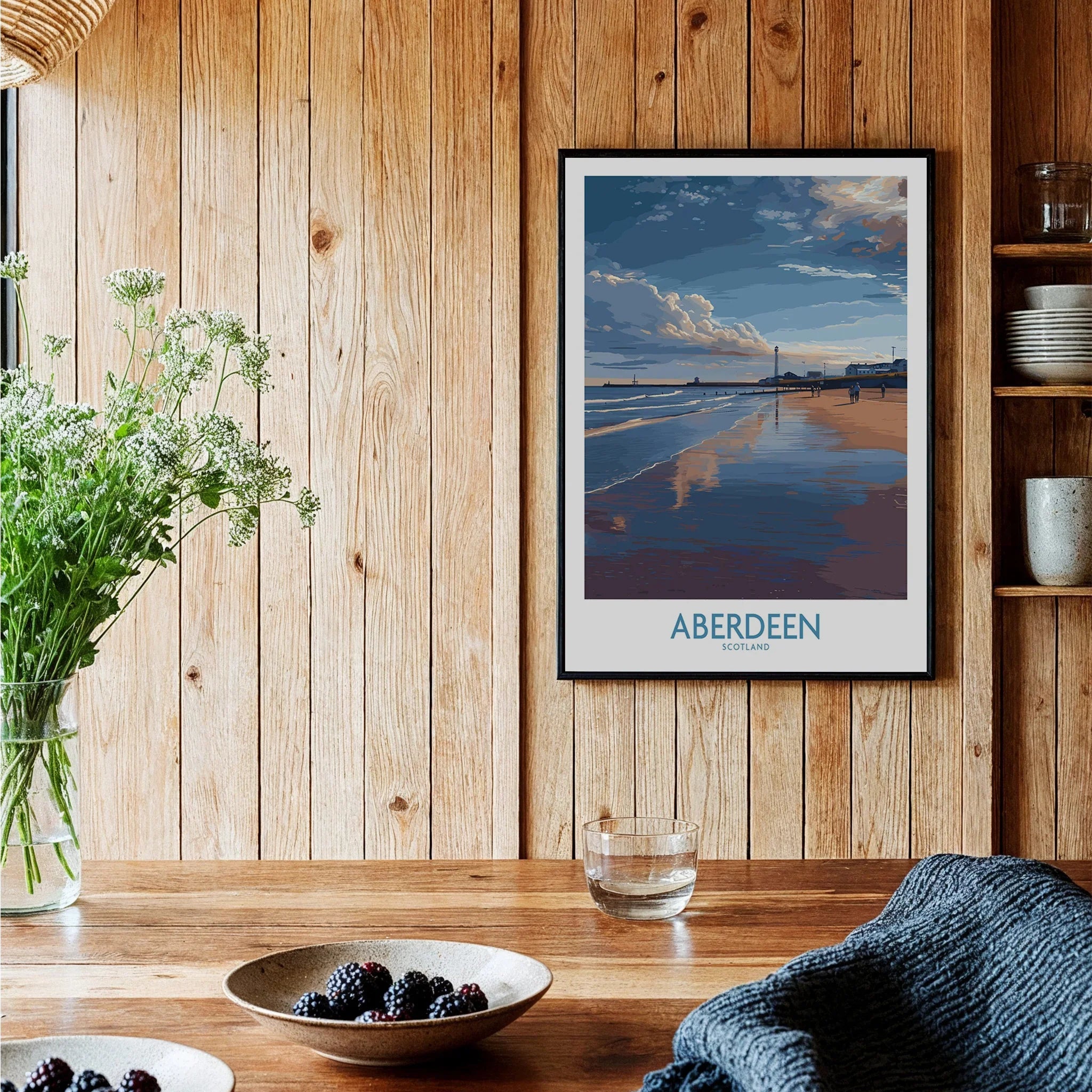 Aberdeen Scotland travel poster print featuring beach sunset, perfect for coastal wall art and home decor.